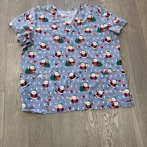 White Cross Women’s Scrub Top with Santa and Holiday Print